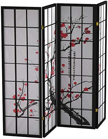 Roundhill Furniture Black Japanese 4-Panel Screen Room Divider, Plum Blossom - Image 4
