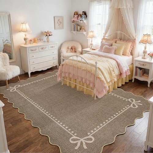 Garvee Scalloped Bow Rug Brown Washable Solid 4x6 Area Rugs - Image 2