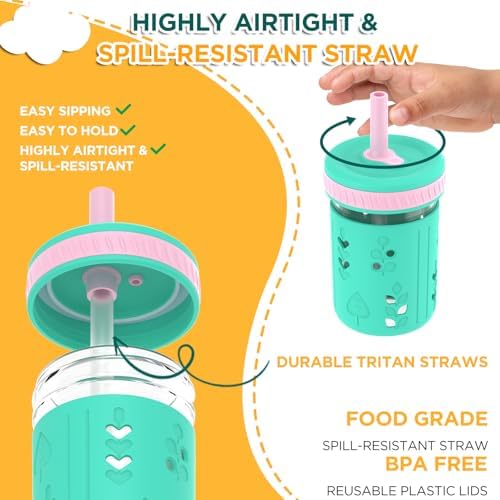 Tronco 8 oz Glass Sippy Cup for Toddlers, Kids Mason Jar Smoothie Cup - Image 3