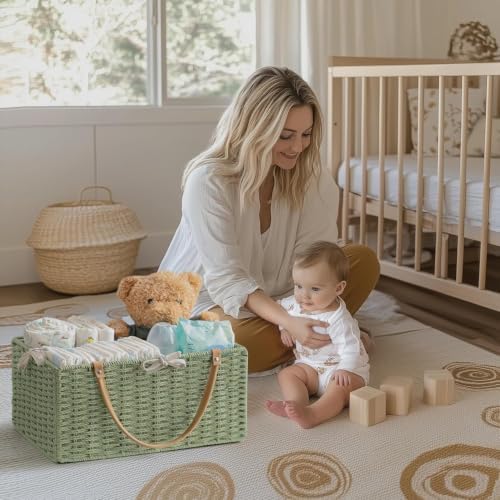 HBlife Large Baby Diaper Caddy Organizer Green, Paper Rope Storage Baskets - Image 5
