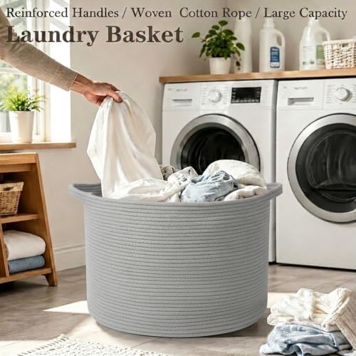 65L Large Blanket Basket, Woven Rope Laundry Basket-Light Gry - Image 5