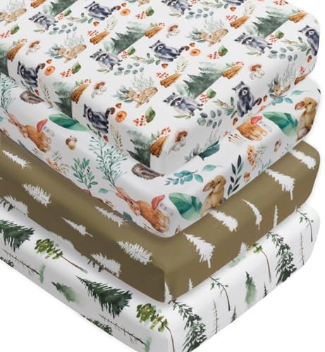 4 Pack Woodland Forest Animals Wood Neutral Unisex Fitted Baby Crib Sheets Set by Jola%27s+House