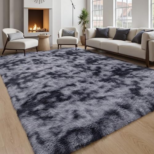 KICHOWUA Grey Tie-Dye Dark Gray Fluffy 9x12 Rug Bedroom Living Room Shag by KICHOWUA