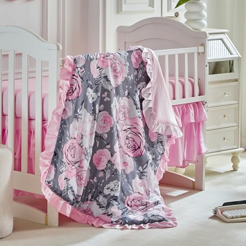 3 Pieces Flowers Crib Bedding Set Baby Ruffled Quilted Comforter - Image 3
