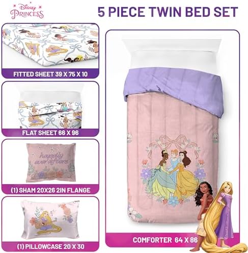 Disney Princess Twin Comforter Set 5 Piece Kids Bedding - Image 3