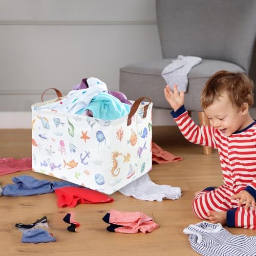 Rectangle Fish Basket, Ocean Animals Waterproof Kids foldable Laundry Basket - Image 4