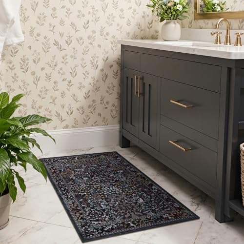 Midnight Blue Washable Entryway Rug 2x3, Tree of Life Whimsical Floral Animal - Image 4
