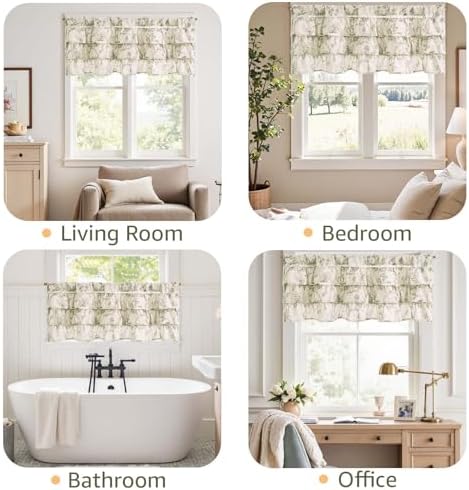 jinchan Ruffled Floral Valance Curtain 18 Inch 1 Panel Green on Beige - Image 4