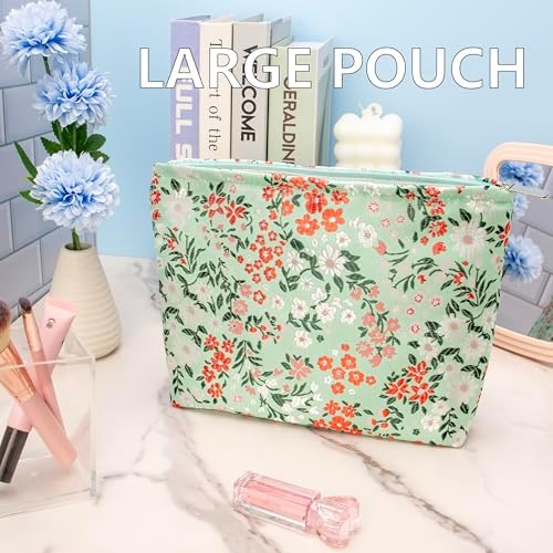 Flat Makeup Bag for Women, Zipper Cosmetic Pouch for Purse, Brocade Green - Image 2