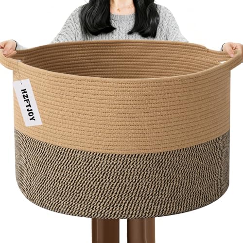 65L Large Blanket Basket, Rope Woven Laundry Baskets-Jute&Black by HZFTJOY