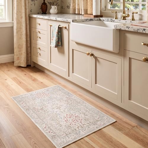 Cream Floral Animal Entryway Rug 2x3, Low Pile Thin Kitchen Rugs Non Slip - Image 4