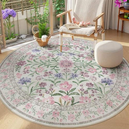 Wonnitar Floral Washable Round Rugs 6ft, Ultra-Thin Non Slip Boho Carpet by Wonnitar