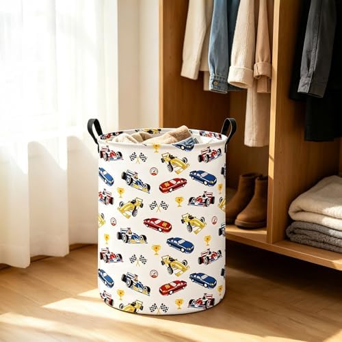 QUEENLALA Foldable Waterproof Round Fabric Laundry Basket Home, Race Car - Image 7