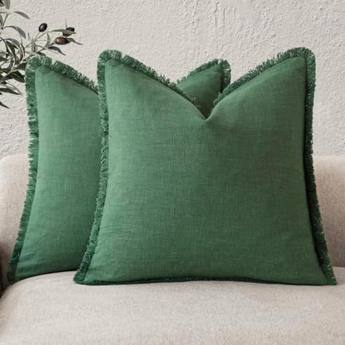 Foindtower Decorative Linen Fringe Throw Pillow Covers 18×18 Pine Green by Foindtower