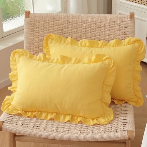Set of 2 Bright Yellow Ruffle Lumbar Pillow Covers 12x20 Inch, Solid Color by HOSTECCO