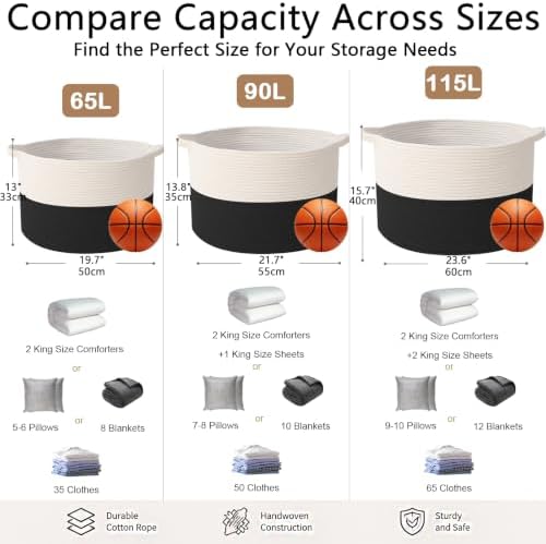65L Large Blanket Basket, Woven Rope Laundry Basket-White&Black - Image 2