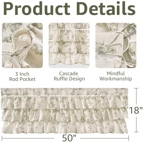 jinchan Ruffled Floral Valance Curtain 18 Inch 1 Panel Green on Beige - Image 5