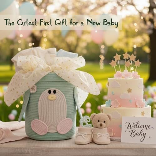 Storage Basket with Lid, Collapsible Woven Cotton Rope Basket, Penguin Design - Image 3