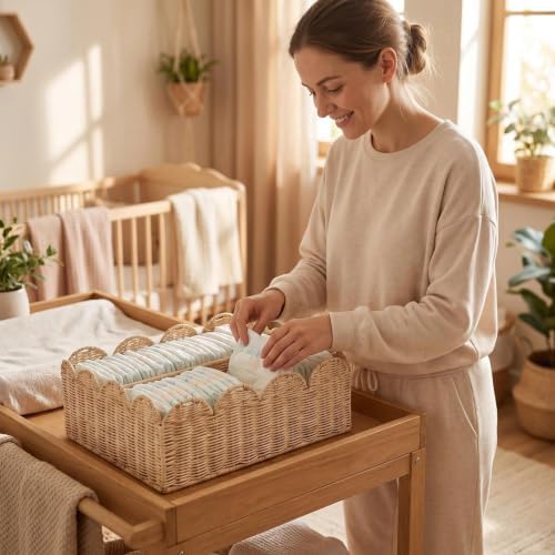Rattan Diaper Caddy with Divider, Wicker Scalloped Baby Basket - Image 2