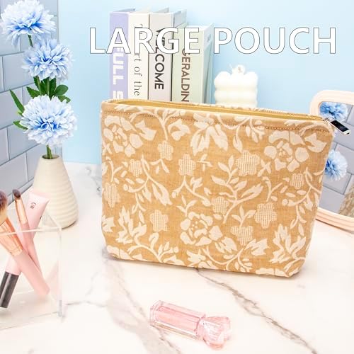 Flat Makeup Bag for Women, Zipper Cosmetic Pouch for Purse, Rose Linen - Image 6