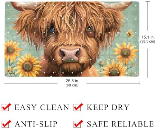 Shower Mat Non Slip 26.8 x 15.1 Inches, Highland Cow Sunflower Bathtub Mat - Image 4