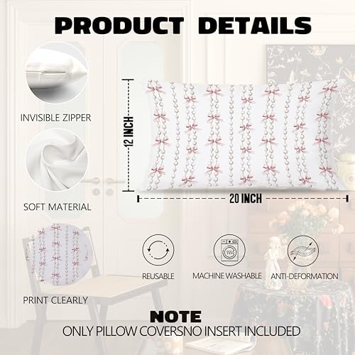 Coquette Pink Bow Pearl Pillow Covers 12x20, Coquette Preppy Room Decor - Image 6