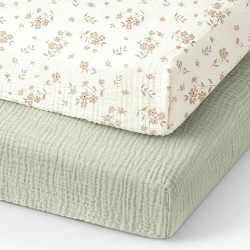 Organic Pack and Play Sheets Fitted 38”x26” 100% Muslin Cotton, Mini Crib by Knirose