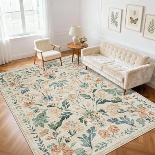 5x7 Area Rugs Boho Floral Washable Living Room Rug Neutral Carpet Nursery by Yidanamy