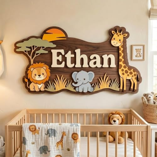 Personalized Safari Nursery Name Sign, Custom Jungle Animal Wall Decor by HANZSPROUT