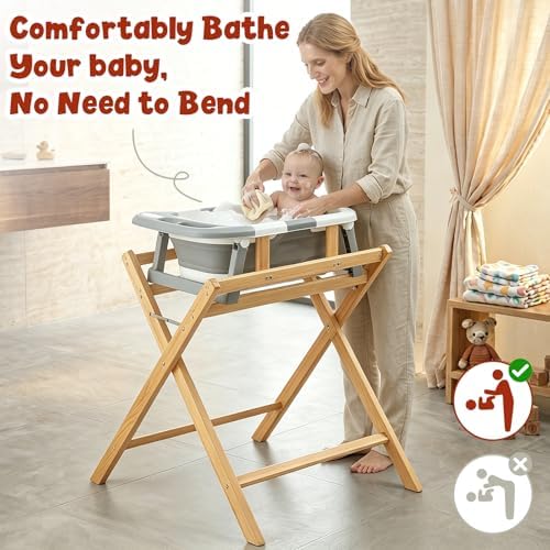 FUNLIO Baby Bathtub with Stand, Collapsible Baby Bathtub & Foldable Wooden Stand - Image 2