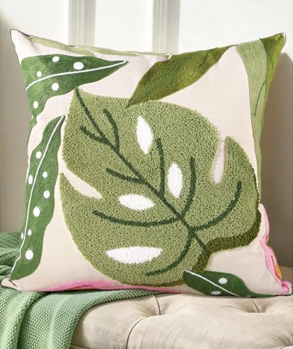 Embroidered Throw Pillow Cover, 18x18 Inch, Monstera Leaves by Kokaaee