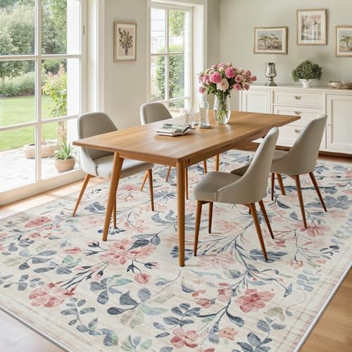 9x12 Area Rugs Boho Floral Washable Living Room Rug Neutral Carpet Bedroom - Image 4