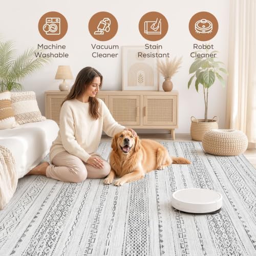 Nakagishi Boho 8x10 Area Rug Living Room Rugs Machine Washable Gray - Image 3