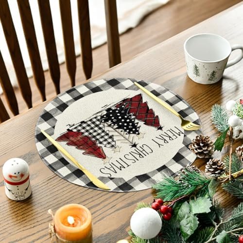 Artoid Mode Waterclor Buffalo Plaid Christmas Trees Merry Xmas Round Placemats - Image 3