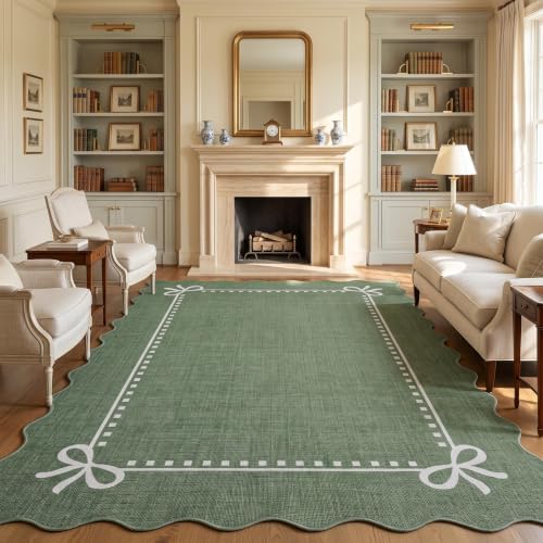 Garvee Scalloped Bow Rug for Living Room Washable Solid Green 5x7 Area Rugs by Garvee
