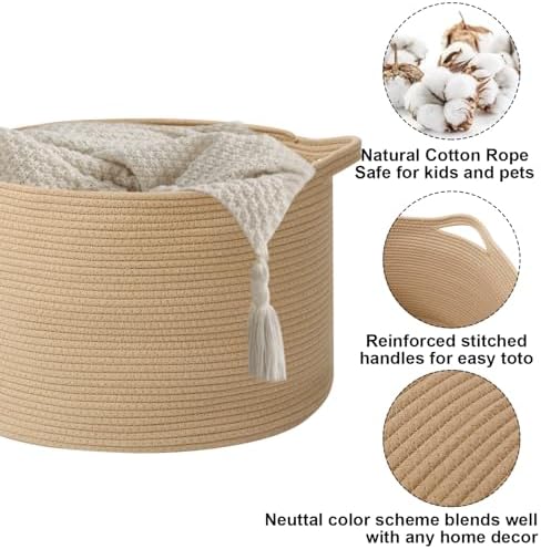 65L Large Blanket Basket, Woven Rope Laundry Basket-Camel - Image 3
