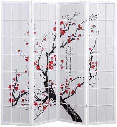 Roundhill Furniture White Japanese 4-Panel Screen Room Divider, Plum Blossom - Image 4