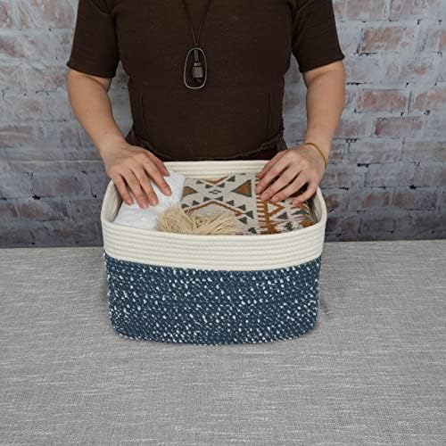 XUANGUO Woven Cotton Rope Storage Baskets 15x10x9.3" 3 Pack White and Blue - Image 3