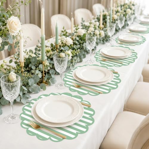 100 Pcs Sage Green Striped Paper Placemats 13.5 Inch Disposable Round Placemat - Image 7