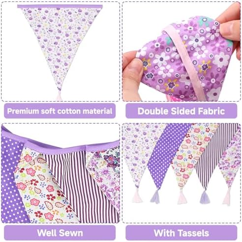 G2PLUS 10.8Ft Cotton Triangle Bunting Banner – 12pcs Purple Floral Fabric - Image 3