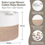 MEGASKET 115L Super Large Blanket Basket, 23.6"x15.7" Oversized Cotton Rope - Image 2