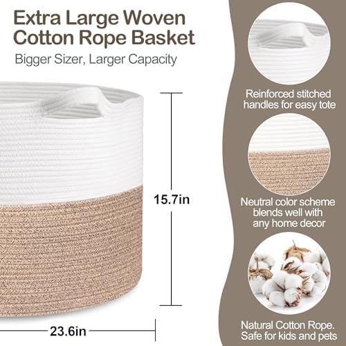 MEGASKET 115L Super Large Blanket Basket, 23.6"x15.7" Oversized Cotton Rope - Image 2