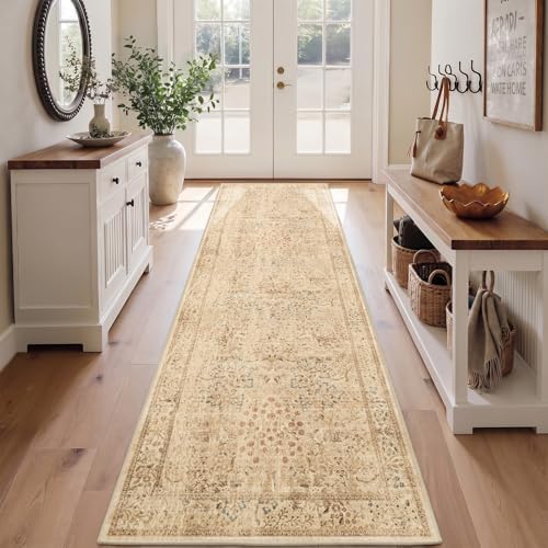 Neutral Tan 2.6x8 Runner Rug for Entryway Non Slip, Low Pile Thin Washable by Jainmy