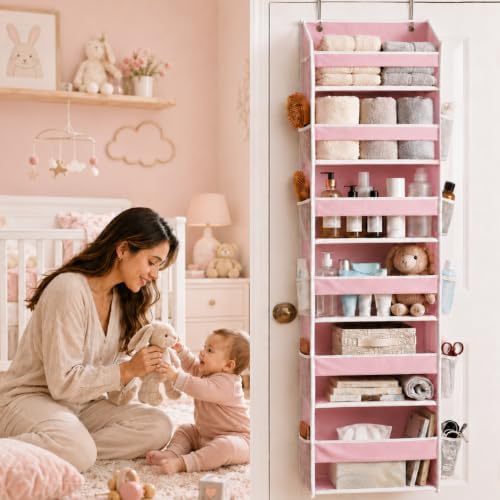 HOMELUX THEORY Over the Door Organizer, 100D Fabric, Baby Pink 2pc - Image 6