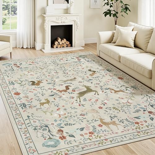 5x7 Area Rugs Boho Floral Washable Living Room Rug Neutral Carpet Nursery - Image 2