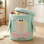 Storage Basket with Lid, Collapsible Woven Cotton Rope Basket, Penguin Design by Joliwove