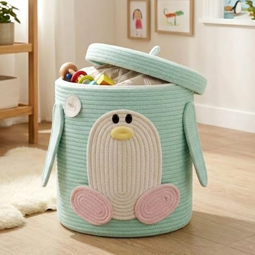 Storage Basket with Lid, Collapsible Woven Cotton Rope Basket, Penguin Design by Joliwove