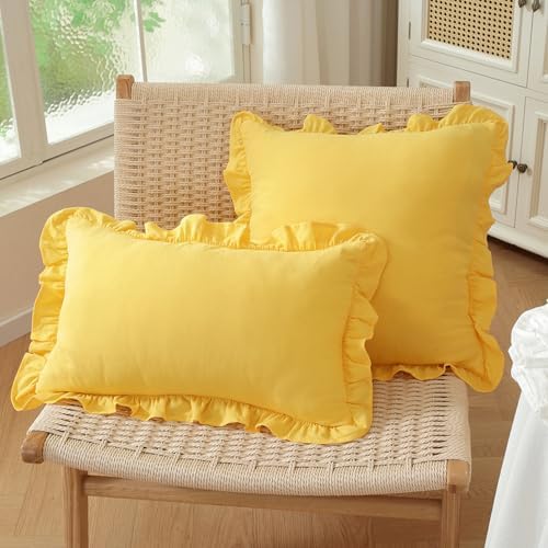Set of 2 Yellow Ruffled Pillow Covers 18x18 Inch, Solid Color Decorative Throw - Image 3