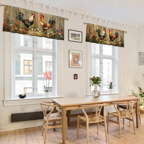 Rooster Curtain Valance for Windows 2 Pack Colorful Feather Flower Wooden Fence - Image 6