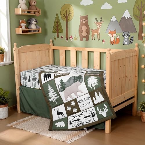 Hahafelt 3 Piece Patchwork Woodland Bear Elk Crib Bedding Set - Image 4